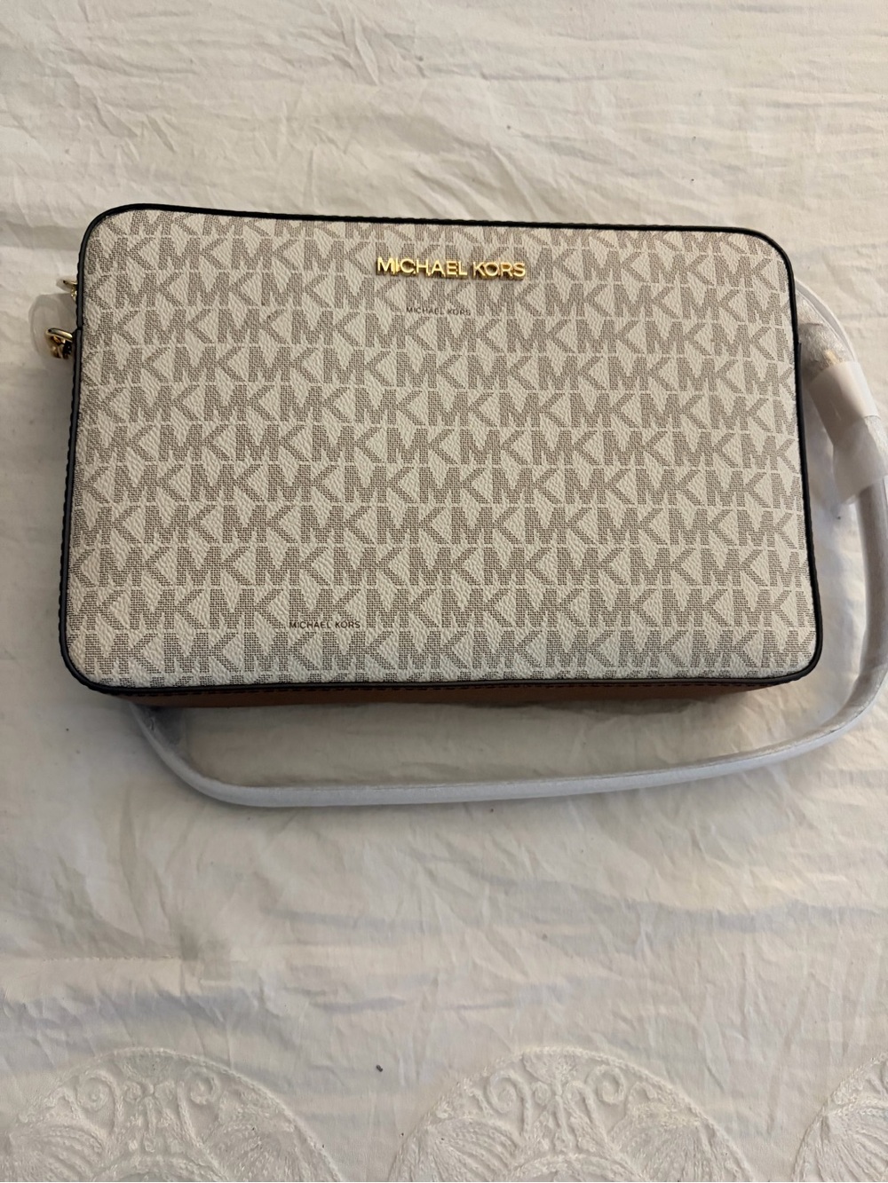 Michael Kors Cream/White Signature MK Crossbody with Gold Hardware